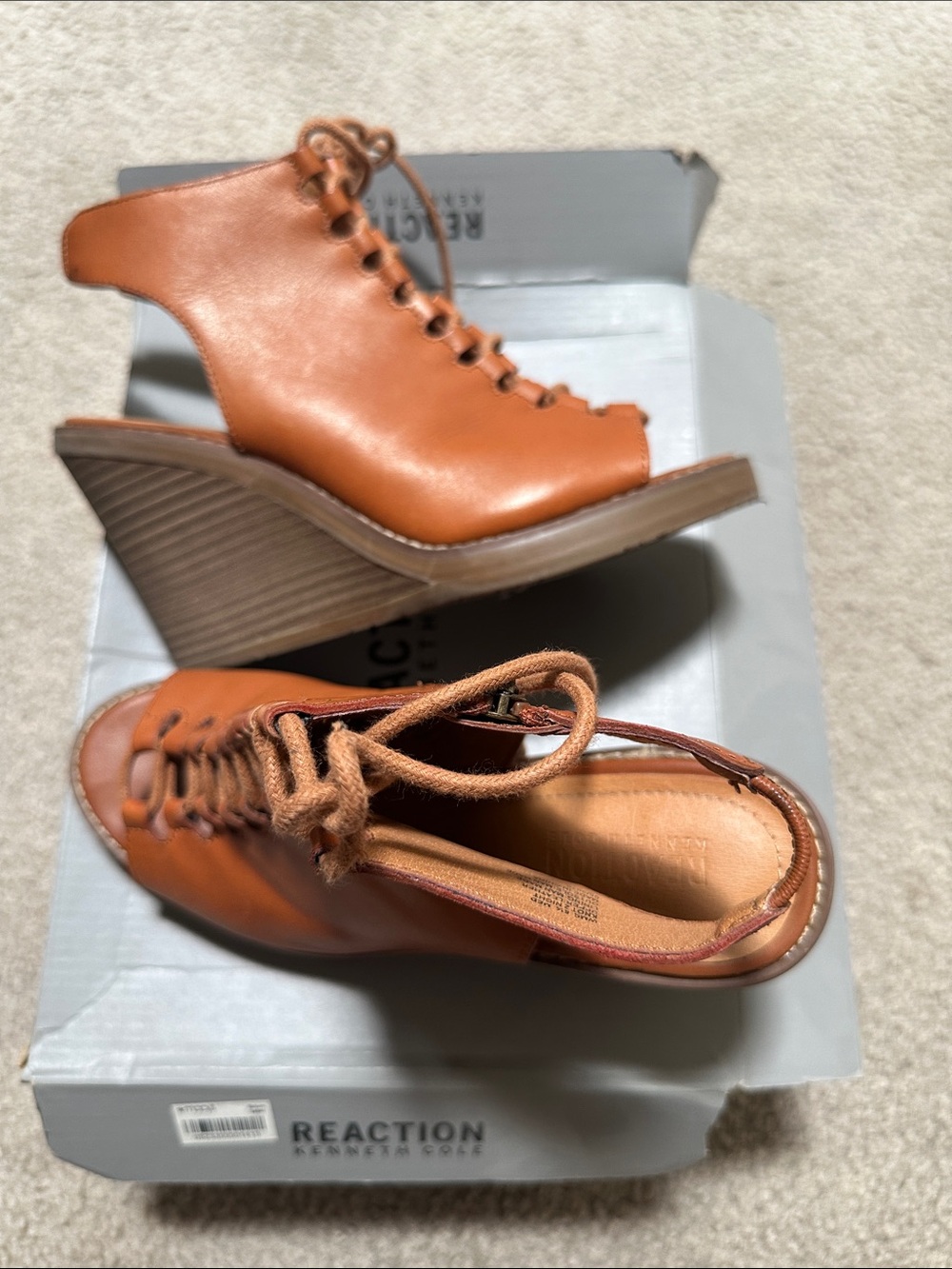 Kenneth Cole Reaction Tan Open-Toe Lace-Up Wedge Sandals